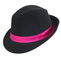 Fedora  Hats – 12 PCS Polyester w/ Color Satin Band - Black-Pink - HT-98220BK-PK